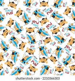 Vector illustration of cute little tiger with a surfboard, Can be used for t-shirt print, Creative vector childish background for fabric textile, nursery wallpaper and other decoration.