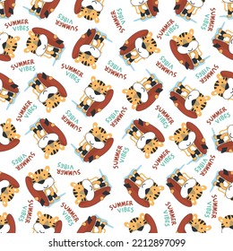 Vector illustration of cute little tiger with a surfboard, Can be used for t-shirt print, Creative vector childish background for fabric textile, nursery wallpaper and other decoration.