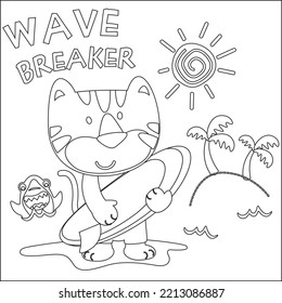 Vector illustration of cute little tiger with a surfboard, Childish design for kids activity colouring book or page.