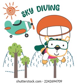 Vector illustration of a cute little tiger flying with a parachute. with cartoon style. Creative vector childish background for fabric textile, nursery wallpaper, poster, card, vector illustration