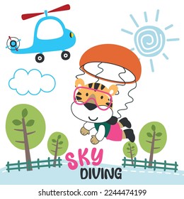 Imagen vectorial de un tigre lindo volando con un paracaídas. con estilo de dibujos animados. Fondo infantil vectorial creativo para tela textil, papel tapiz de vivero, afiche, tarjeta, ilustración vectorial