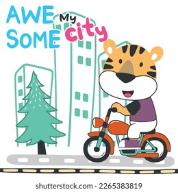 ilustración vectorial de la motocicleta tigre lindo. Fondo infantil vectorial creativo para tela, textil, papel tapiz, afiche, tarjeta, folleto. y otra decoración.