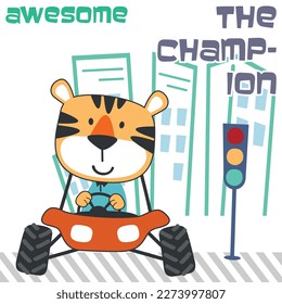 Vector illustration of cute little tiger on a off road car go to forest, Can be used for t-shirt print, kids wear, invitation card. fabric, textile, nursery wallpaper, poster and other decoration.