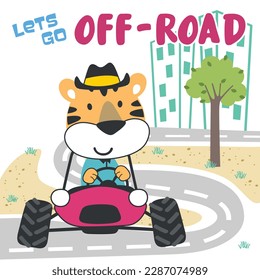Vector illustration of cute little tiger on a off road car go to forest, Can be used for t-shirt print, kids wear, invitation card. fabric, textile, nursery wallpaper, poster and other decoration.