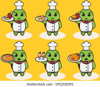 Vector illustration of cute Little Turtle Chef with food cartoon set. Good for icon, logo, label, sticker, clipart.