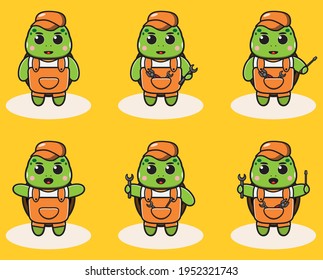 Vector illustration of cute Little Turtle Mechanic cartoon set. Good for icon, logo, label, sticker, clipart.