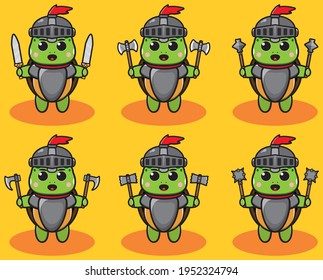 Dibujo vectorial de la tierna caricatura del Caballero de la Tortuga con conjunto de armas dobles. Es bueno para el icono, logotipo, etiqueta, pegatina, clipart.