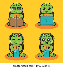Dibujo vectorial del lindo juego de dibujos animados de Little Turtle Hobby. Es bueno para el icono, logotipo, etiqueta, pegatina, clipart.