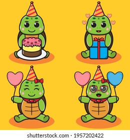Vector illustration of cute Little Turtle Party cartoon set. Good for icon, logo, label, sticker, clipart.