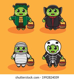 Vector illustration of cute Little Turtle Halloween cartoon set. Frankenstein, Dracula, Mummy and Skeleton costume set. Good for icon, logo, label, sticker, clipart.