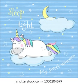 vector illustration of a cute little unicorn sleeping on a cloud, children's cartoon style picture