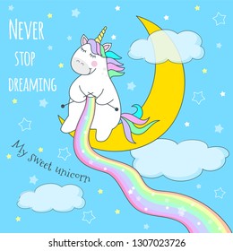 vector illustration of a cute little unicorn sitting on the moon and making a rainbow