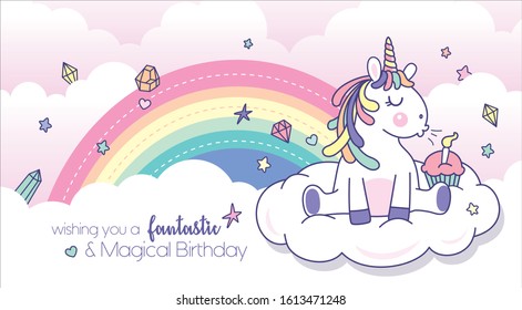 Vector illustration of a cute little unicorn blowing candle with rainbow background. Birthday greeting card design.