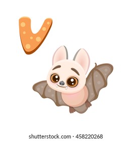 Vector illustration of cute little vampire bat, flittermouse, rearmouse, flyer, flier mascot, icon of cartoon flying squirrel halloween eps 10 mascot isolated on white letter V