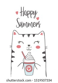 Vector illustration of cute little white kitten drinking cocktail in his hands, cartoon hand drawn cat, card with lettering happy summer's, sketch drawing isolated on white background