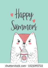 Vector illustration of cute little white kitten drinking cocktail in his hands, cartoon hand drawn cat, card with lettering happy summers