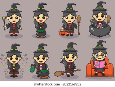 Vector illustration of Cute little witch cartoon magic Halloween young girls character costume. Halloween witch collection.