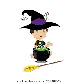 Vector illustration of cute  little wizard boy in halloween costume with boiling cauldron, wand and broom isolated on white background. 