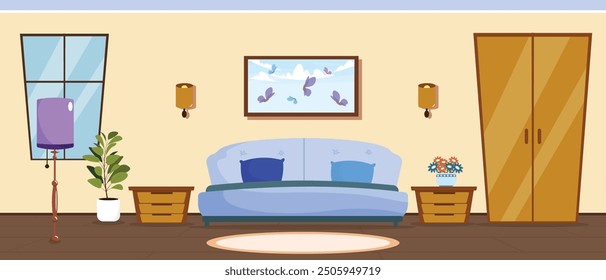 Vector illustration of a cute living room interior.Cartoon scene of a living room with a sofa,pillows,a picture on the wall,a sideboard,bedside tables with a vase of flowers,a flower pot,a floor lamp.