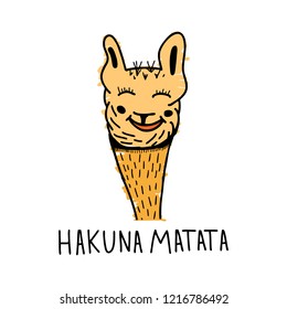 Vector illustration of cute llama alpaca with text hakuna matata