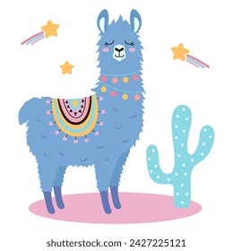 vector illustration with cute llama character, cactus and stars in flat style, design elements for children clothes, baby nursery, greeting card