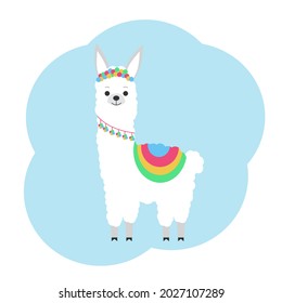 Vector illustration of a cute llama in colored ornaments. Holiday postcard