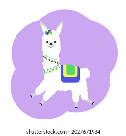 Vector illustration of a cute llama in colored ornaments. Holiday postcard