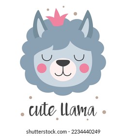 vector illustration of cute llama face in crown with lettering, cartoon card of funny animal in scandinavian style, flat design, print for kids