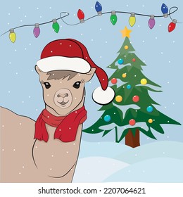 Ilustración vectorial con una llama linda en un sombrero festivo de Año Nuevo con una bufanda roja al fondo de un árbol de Navidad, bombillas y nieve