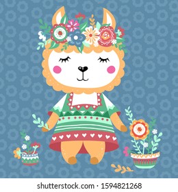 Vector illustration of a cute llama, with flowers, wreath, vases with flowers.