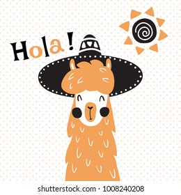 vector illustration, a cute llama in mexican sombrero hat, hola spanish text, which is translated as hello