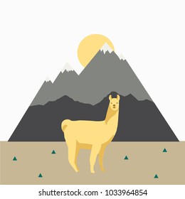 vector illustration cute llama and mountains , flat design