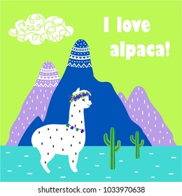 vector illustration cute llama and mountains with the inscription, flat design