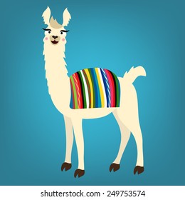 Vector Illustration Of Cute Llama With Peru/Bolivian Cape On Back