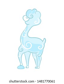 Vector illustration with a cute llama in profile. Blue fluffy Lama set hoof on stone. Flat illustration with a blue animal on a white background.