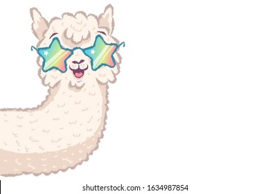 Vector illustration of a cute llama with rainbow glasses. Cute alpaca with glasses like stars.