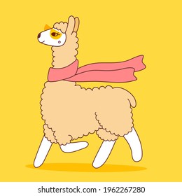 Vector illustration of cute llama with scarf and glasses on yellow color background