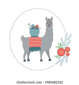 Vector illustration of a cute llama that carries on it's back a basket of yarn and knitting needles. The back of llama is decorated with a striped woollen cape or shawl. Grey llama in a round frame. 
