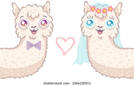 Vector illustration of a cute llamas for wedding invitation. Cute alpaca. Bride and bridegroom.