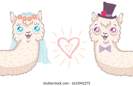 Vector illustration of a cute llamas for wedding invitation. Cute alpaca. Bride and bridegroom with heart.