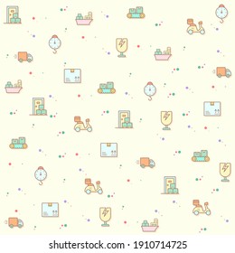 Ilustración vectorial de una linda logística y entrega. Recogida de cajas, compras, comercio, comercio, comercio, mercancías, contenedores, vehículos, elementos de camiones. Aislado en el beige.