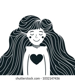 Vector illustration with cute long hair young woman with heart. Black and white print design, monochrome poster