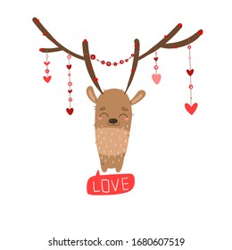 Vector illustration with cute lovely and romantic deer and hearts. For postcards  for valentines day, textile, wrapping paper