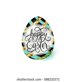 Vector illustration of cute luxury happy easter greeting concept with gold striped pastel color egg, round shape frame and lettering greeting text sign isolated on white background