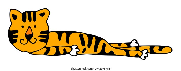 Vector illustration, cute lying tiger. Wild animal. Symbol of 2022. cute animal character idea for child and kid printable stuff and t shirt, greeting card, nursery wall art, postcard