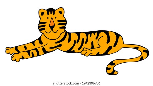 Vector illustration, cute lying tiger. Wild animal. Symbol of 2022. cute animal character idea for child and kid printable stuff and t shirt, greeting card, nursery wall art, postcard