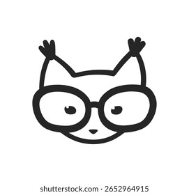 Ilustração vetorial de um bonito rosto de lince com óculos na arte simples da linha preta.