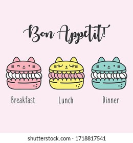 Vector illustration of cute macaroons with cat faces, letterings bon appetit, breakfast, lunch, dinner, lovely cartoon cakes drawn in kawaii anime style isolated on empty background, beautiful card