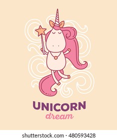 Vector illustration of cute magic flying unicorn with horn, pink mane, magic wand and words unicorn dream. Thin flat line art design to make unicorn poster, invitation, greeting card