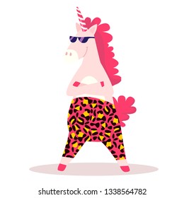Vector illustration of cute magic full-length unicorn with horn, pink mane, glasses,white background. Thin flat art design to make unicorn poster, invitation, greeting card, sticker